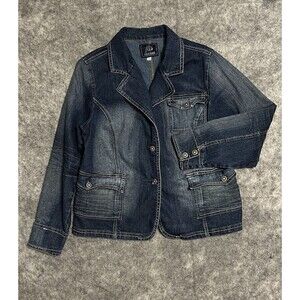 Crest Jeans Denim Jacket Womens 1X Plus Size Blue Batwing Pockets Distressed
